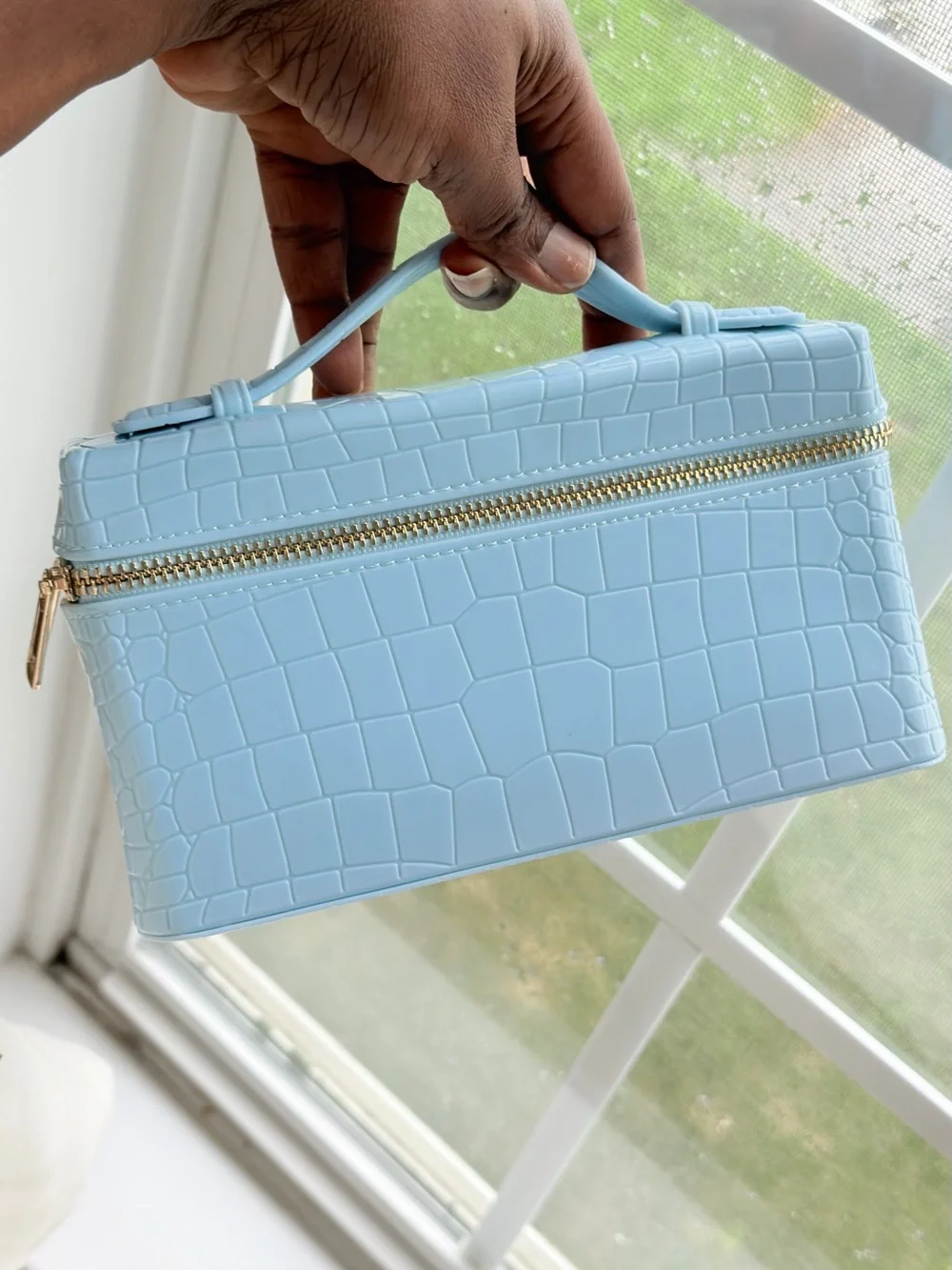 Light Blue Croc-Embossed Top-Handle Women’s Bag